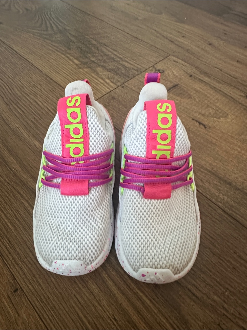 adidas Kids White Sneakers with Pink and Neon Green Details